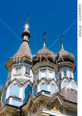 A very old historic blue church in Druskininkai. Orthodox Joy of All Who Sorrow church at the center of Druskininkai, Lithuania. A very old historic blue church in Druskininkai. Orthodox Joy of All Who Sorrow church at the center of Druskininkai, Lithuania. 121856945