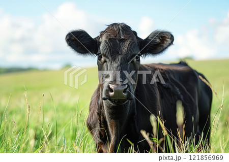 Aberdeen Angus cow grazing peacefully in a lush green field during daylight in the countryside 121856969