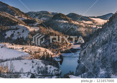 Rural Winter Landscape of Zaovine Lake in Serbia Rural Winter Landscape of Zaovine Lake in Serbia 121857000