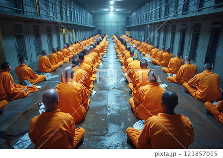 Prisoners in yellow uniforms sit in the Corridor of a European prison with doors to the cells of prisoners. 121857015