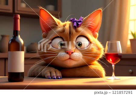 Cartoon funny cat girl in Post-Holiday Depression is sitting at table. Next to him stands bottle and glass of wine. Blue Monday. Humor Cartoon funny cat girl in Post-Holiday Depression is sitting at table. Next to him stands bottle and glass of wine. Blue Monday. Humor 121857291
