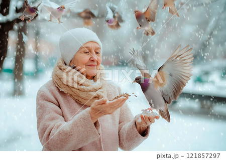 An elderly woman feeds seeds to birds on winter snowy day. Random Acts of Kindness Day. Caring for animals An elderly woman feeds seeds to birds on winter snowy day. Random Acts of Kindness Day. Caring for animals 121857297