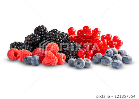 A pile of various ripe berries in large quantities on a white background A pile of various ripe berries in large quantities on a white background 121857354