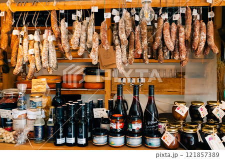 Farm shop of sausages, wine and cheeses in the Czech Republic Farm shop of sausages, wine and cheeses in the Czech Republic 121857389