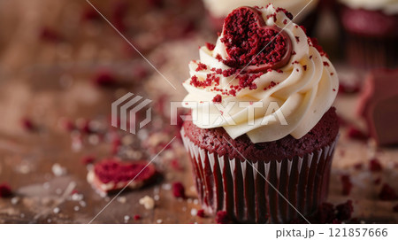 Close-up of a red velvet cupcake with cream cheese frosting 121857666