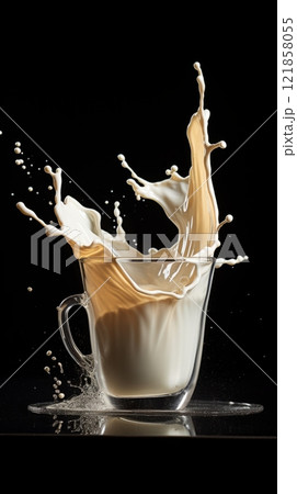 Splash of milk in a cup on black background Splash of milk in a cup on black background 121858055