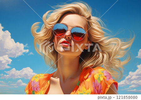 Portrait of a beautiful young blonde girl wearing sunglasses, illustration 121858080