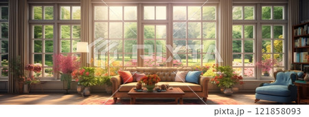Living room with large French windows overlooking the garden, summer time, cozy living room in pastel colors, banner 121858093
