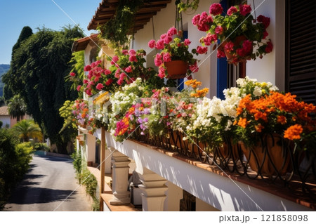 Hobby and recreation, beautiful balcony or terrace decorated with various flowers in pots 121858098