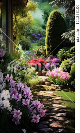 Beautiful summer garden with flowers, bushes and stone path to the house, summer vacation 121858100