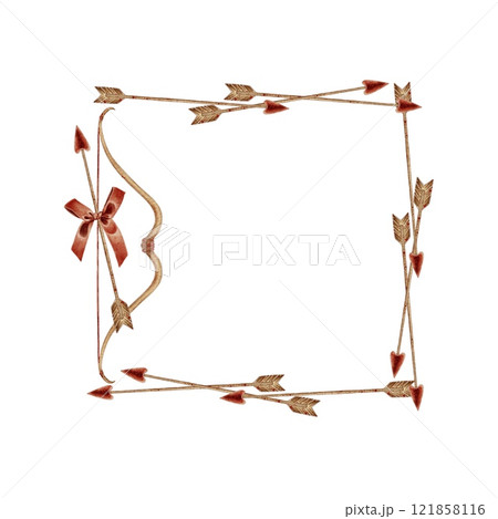 Bow and arrow for Cupid for Valentines Day with red bow composition frame in realistic style on white. Watercolor illustration for postcards, wedding invitations, holidays, stickers. 121858116