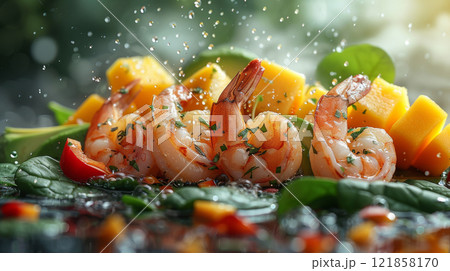 Levitating Shrimp with Mango Slice, Avocado Cube, Spinach Leaf, and Red Bell Pepper Strip, Drizzled with Lemon Juice and Olive Oil Against a Soft Background 121858170