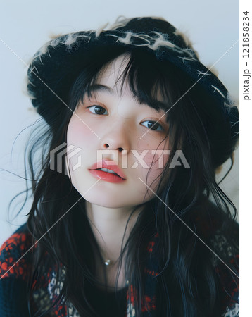 自然な表情を魅せるアジア人女性のファッションポートレート 121858234