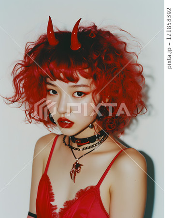節分の鬼コスプレをするスタイリッシュなアジア人女性 121858392