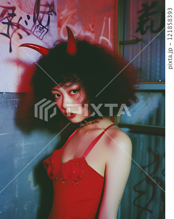 節分の鬼コスプレをするスタイリッシュなアジア人女性 121858393