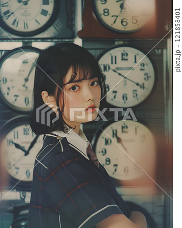 たくさんの時計とアジア人女子学生 たくさんの時計とアジア人女子学生 121858401