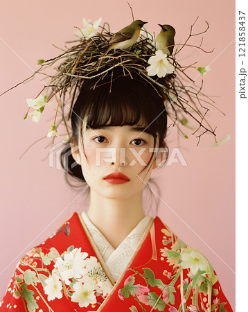 鳥の巣を頭に乗せたアジア人女性のファッションポートレート 鳥の巣を頭に乗せたアジア人女性のファッションポートレート 121858437
