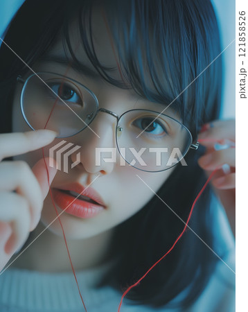 運命の赤い糸を手繰り寄せるアジア人女性 運命の赤い糸を手繰り寄せるアジア人女性 121858526