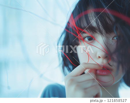 運命の赤い糸を手繰り寄せるアジア人女性 121858527