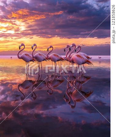Elegant Flamingos Standing in Shallow Salt Lake Water Stunning Reflections at Sunset 121858626