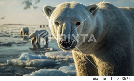 Majestic Polar Bear Glows in Arctic Sunlight Surrounded by Ice Chunks and Fellow Bears on Hudson Bay 121858628