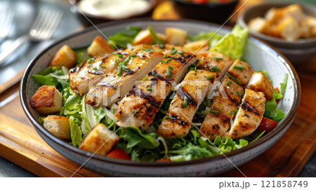 Caesar salad with romaine, grilled chicken, Parmesan, croutons, and yogurt-based dressing 121858749
