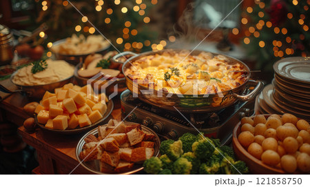 Fondue set with Gruere and Emmental cheese, bread cubes, steamed broccoli, and baby potatoes Fondue set with Gruere and Emmental cheese, bread cubes, steamed broccoli, and baby potatoes 121858750