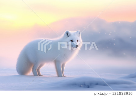 white fox in the snowy beautiful polar tundra. 121858916