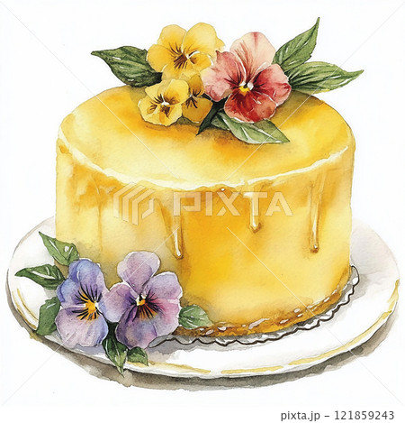 Watercolor yellow cake with cream drips and flowers. Pastry picture for design on white background 121859243