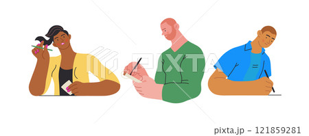 Writing people, modern flat vector concept illustrations set people writing on paper or device. Metaphor for reflection, insight, contemplation, creative expression Writing people, modern flat vector concept illustrations set people writing on paper or device. Metaphor for reflection, insight, contemplation, creative expression 121859281