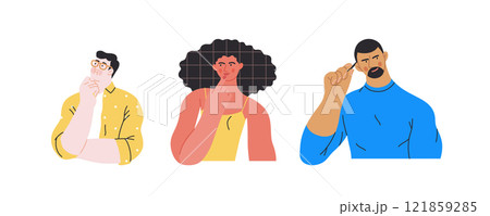 Thinking people, modern flat vector concept illustrations set- people standing thoughtfully. Metaphor for reflection, analysis, introspection, contemplation, deep thought Thinking people, modern flat vector concept illustrations set- people standing thoughtfully. Metaphor for reflection, analysis, introspection, contemplation, deep thought 121859285
