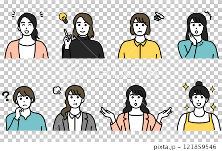 Various facial expressions of women icon illustration set 121859546