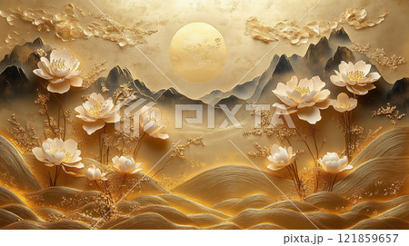 金箔に描かれた花と山の幻想的な風景アート 121859657