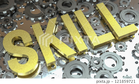 The Gold skill text on metal plate 3d rendering image. 121859721