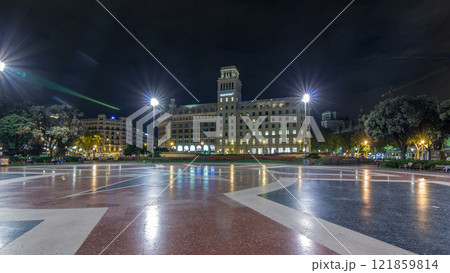 People at Placa de Catalunya or Catalonia Square night timelapse hyperlapse a large square in central Barcelona 121859814