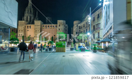 Fast walk through narrow street in the Old Town timelapse hyperlapse, Barcelona. Gothic district illuminated at night 121859817