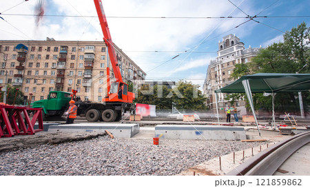 Road construction site with tram tracks repair and maintenance timelapse hyperlapse. 121859862