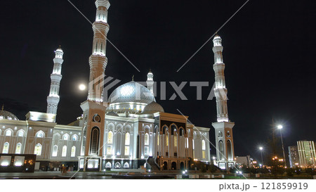 The Hazrat Sultan Mosque in Astana timelapse hyperlapse at night, Kazakhstan The Hazrat Sultan Mosque in Astana timelapse hyperlapse at night, Kazakhstan 121859919