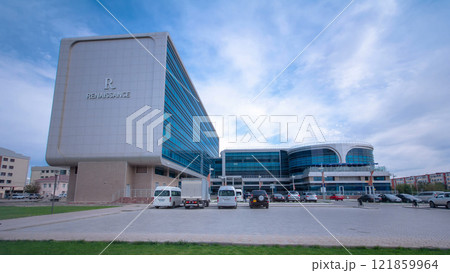 Modern buildings in city Atyrau timelapse hyperlapse. 121859964