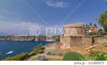 Hidirlik tower in Kas town in Antalya timelapse hyperlapse with view of harbor marine bay is a old city Hidirlik tower in Kas town in Antalya timelapse hyperlapse with view of harbor marine bay is a old city 121860075