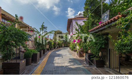 Street of old traditional turkish houses of Antalya city timelapse hyperlapse. Turkey 121860076