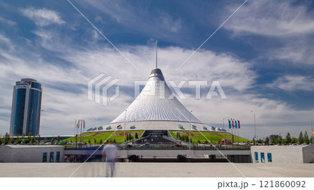 Khan Shatyr timelapse hyperlapse in Nur-Sultan, Kazakhstan. Residents of the city are walking and resting. 121860092