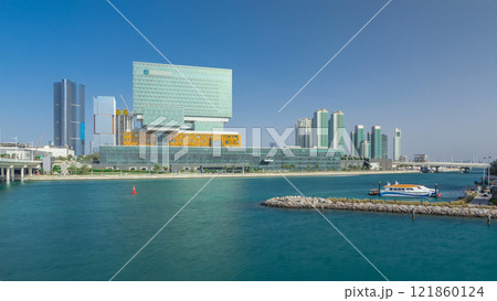 Modern buildings in Abu Dhabi skyline timelapse hyperlapse with waterfront. Modern buildings in Abu Dhabi skyline timelapse hyperlapse with waterfront. 121860124