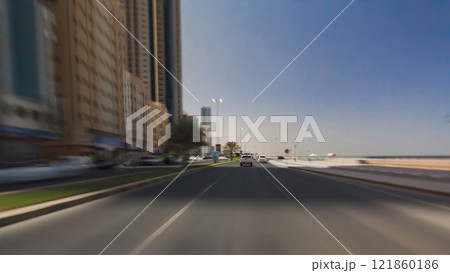 Drive on the streets of Ajman timelapse hyperlapse. Ajman is the capital of the emirate of Ajman in the United Arab Emirates. 121860186