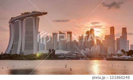 Sunset over the downtown skyline of Singapore as viewed from across the water from The Garden East timelapse. Singapore. 121860249