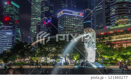 The Merlion fountain and Singapore skyline night timelapse hyperlapse. The Merlion fountain and Singapore skyline night timelapse hyperlapse. 121860277