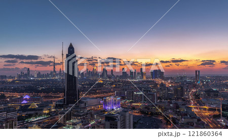 Aerial view luxury city at warm evening in luxury Dubai city, United Arab Emirates Timelapse 121860364
