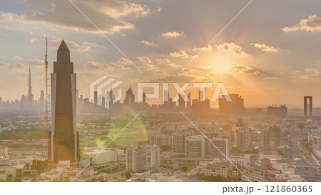View of sunset in luxury Dubai city at sunset aerial timelapse 121860365