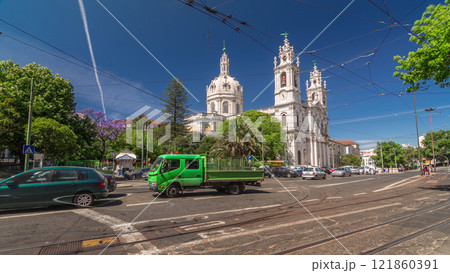 View on the Basilica da Estrela from the streets of Lisbon timelapse hyperlapse, Portugal. 121860391