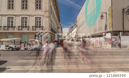 Fast walk on the Augusta Street from Commerce Square to Elevador de Santa Justa timelapse hyperlapse 121860394